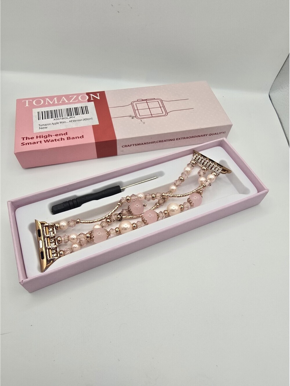 Tomazon Apple Watch Band 42mm Rose Gold Pearl Pink Beaded Bracelet Rhinestone